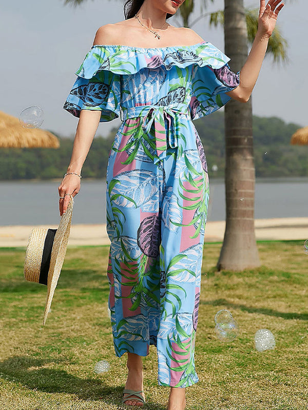Elasticity Leaves Print Ruffled Tied Waist Half Sleeves Loose Off-The-Shoulder Jumpsuits