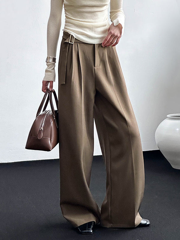 Belt Buckle Solid Color High Waisted Loose Trousers Suit Pants