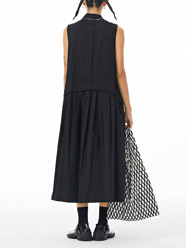 Pleated Solid Color Loose Sleeveless Stand Collar Shirt Dress Midi Dresses