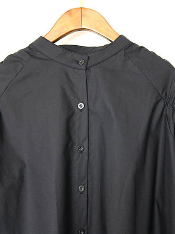 Elasticity Pleated Solid Color Split-Joint High-Low Long Sleeves Round-Neck Blouses