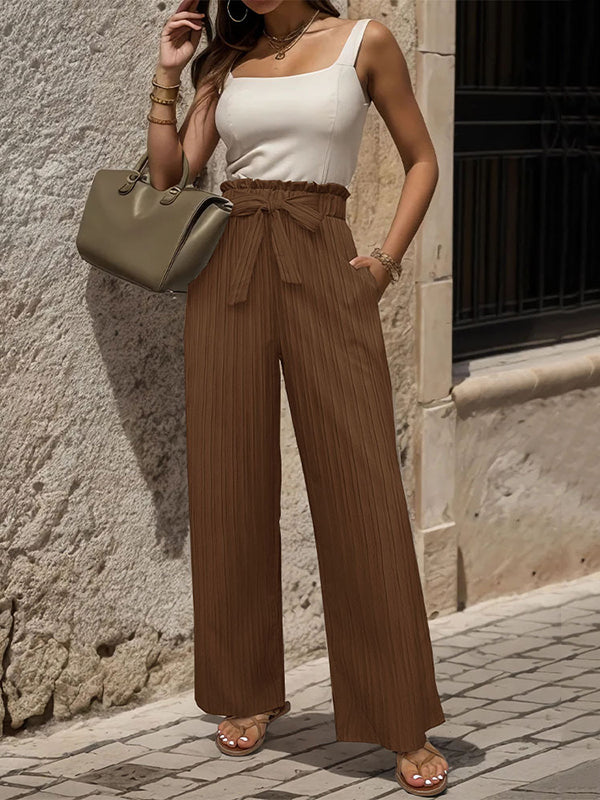 Elasticity Pleated Solid Color Tied Waist High Waisted Loose Trousers Pants