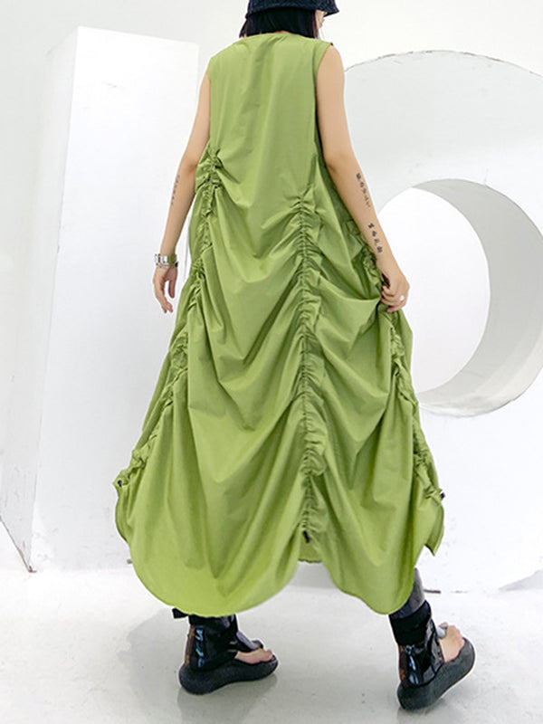 Pleated Solid Color Loose Sleeveless Round-neck Midi Dresses