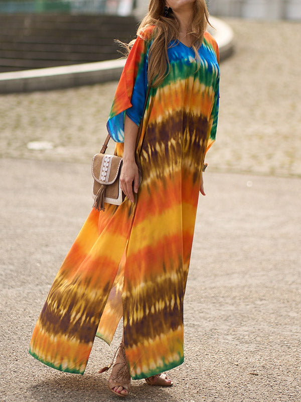 Split-Side Tie-Dyed Batwing Sleeves Loose V-Neck Maxi Dresses Beach Cover-Up