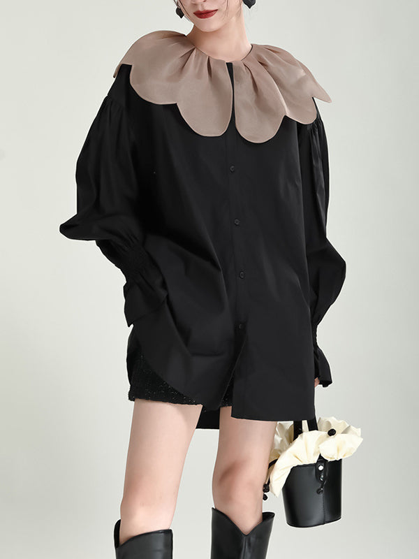 Contrast Color Elasticity Pleated Split-Joint Long Sleeves Loose Peter Pan Collar Blouses