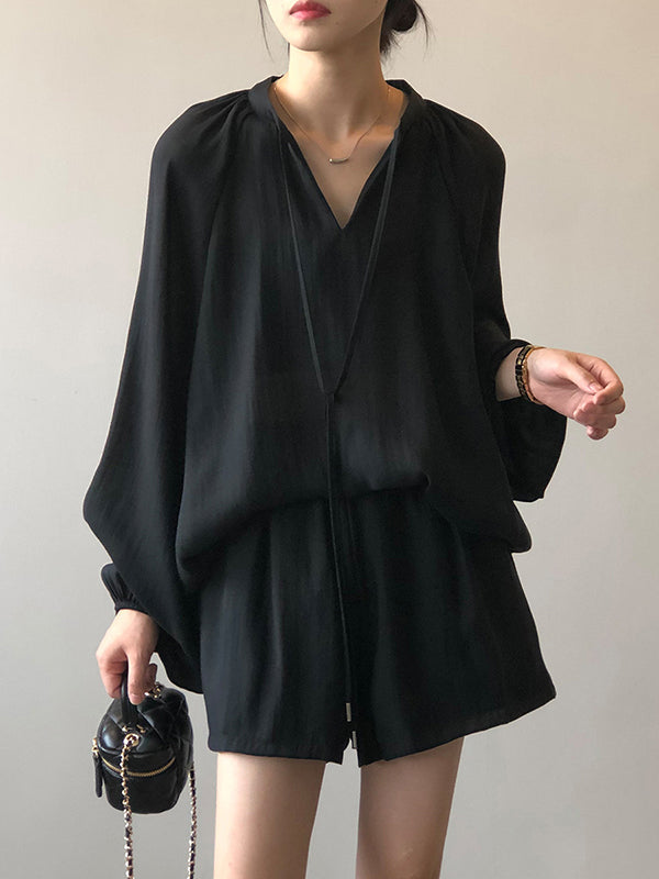 Split-Joint Solid Color  Sun Protection Tied V-neck Long Sleeves Top + Shorts Two Pieces Set