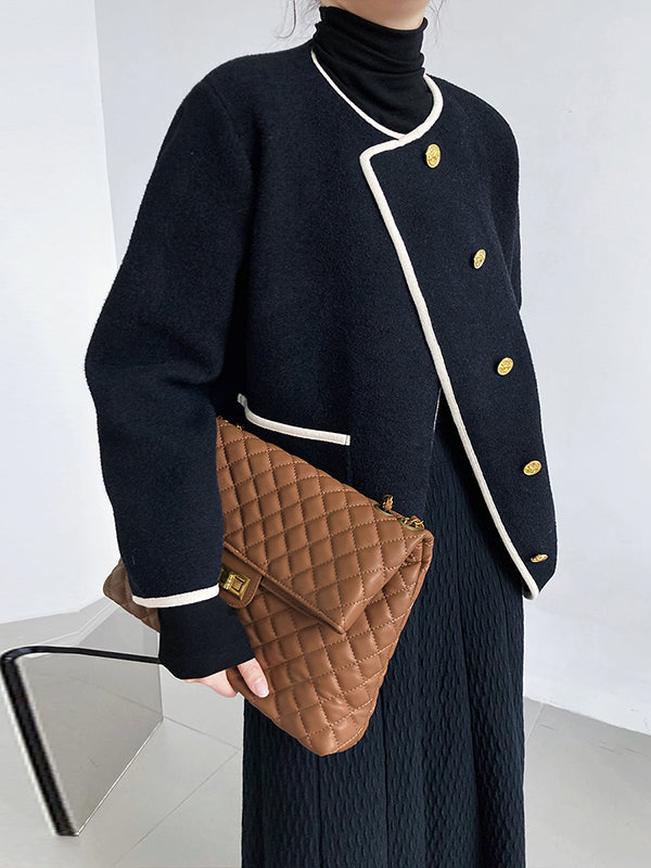 Asymmetric Buttoned Pockets Split-Joint Long Sleeves Loose Round-Neck Woolen Coat