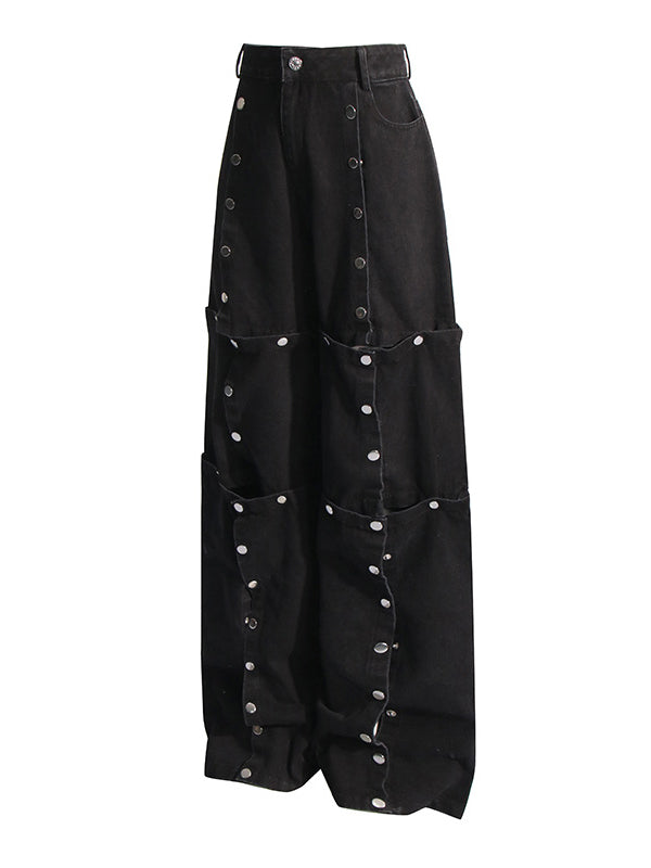 Buttoned Detachable No Belt Pockets Split-Joint High Waisted Loose Jean Pants Bottoms