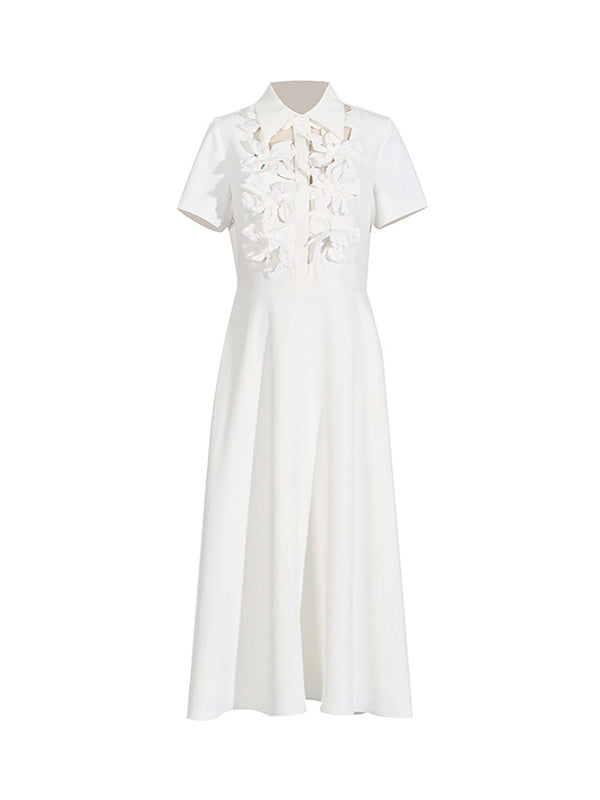 Hollow Solid Color Three-Dimensional Flower High Waisted Loose Lapel Midi Dresses