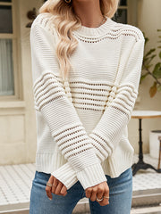 Hollow Solid Color Long Sleeves Loose Round-Neck Sweater Tops Pullovers Knitwear