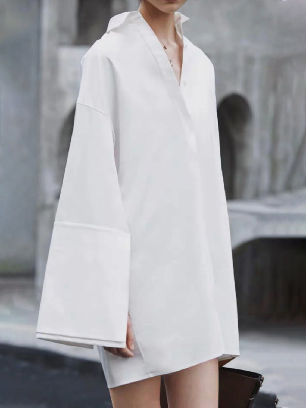 Buttoned Solid Color Long Sleeves Loose Lapel Shirt Dress Mini Dresses