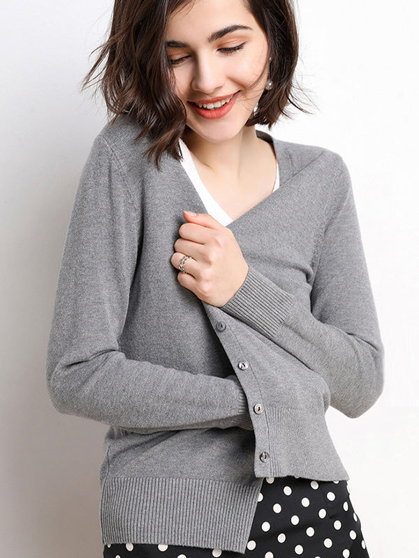 Stylish Simple 12 Colors V-Neck Single-Breasted Long Sleeve Knitwear