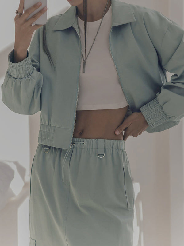 Elasticity Pleated Solid Color Split-Joint Zipper Long Sleeves Loose Lapel Outerwear Jackets