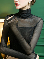 See-Through Sequined Solid Color Split-Joint Long Sleeves Plus Size High Neck T-Shirts Tops