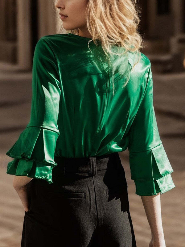 Pleated Solid Color Split-Joint Flared Sleeves Long Sleeves Round-Neck T-Shirts Tops