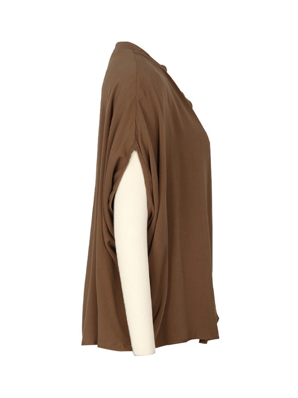 Solid Color Split-Joint Batwing Sleeves Loose V-Neck T-Shirts