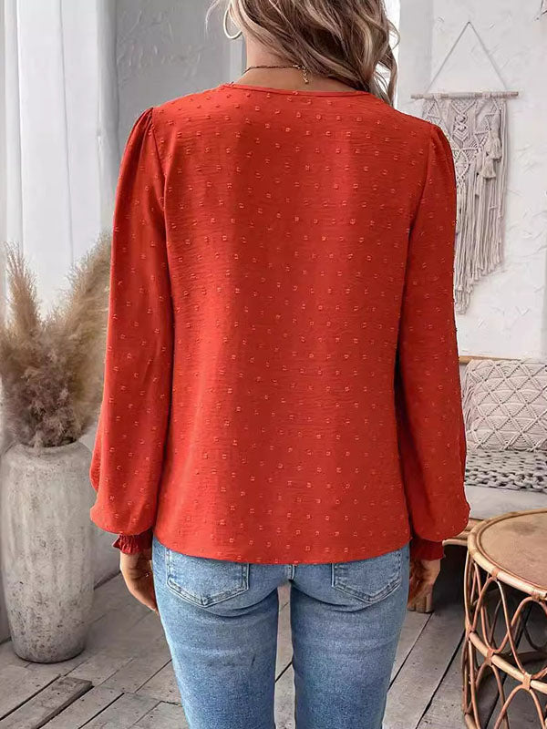Elasticity Hollow Jacquard Solid Color Split-Joint Loose Puff Sleeves V-Neck Blouses&Shirts Tops