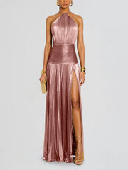 Pleated Shiny Solid Color Split-Side Elasticated Waist Sleeveless Halter-Neck Maxi Dresses