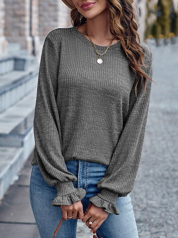 Elasticity Ruffled Solid Color Long Sleeves Loose Round-Neck T-Shirts Tops