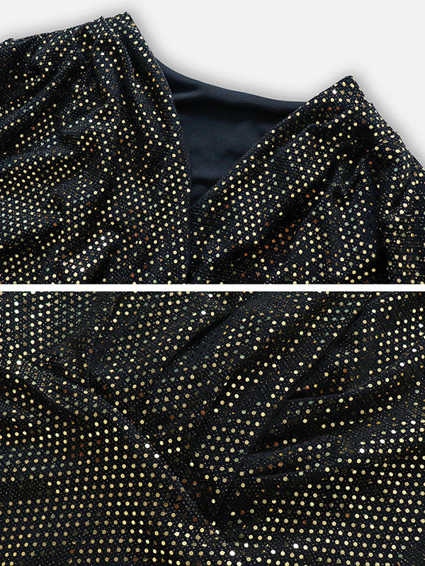 Sequined Split-Joint Long Sleeves Skinny V-Neck Mini Dresses Evening Dresses