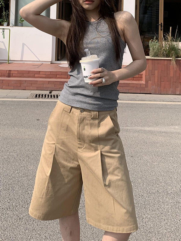 Pleated Solid Color High Waisted Loose Shorts Bottoms Half Pants