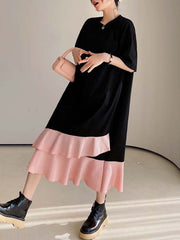 Casual Loose Short Sleeves Contrast Color Falbala Split-Joint Round-Neck Midi Dresses