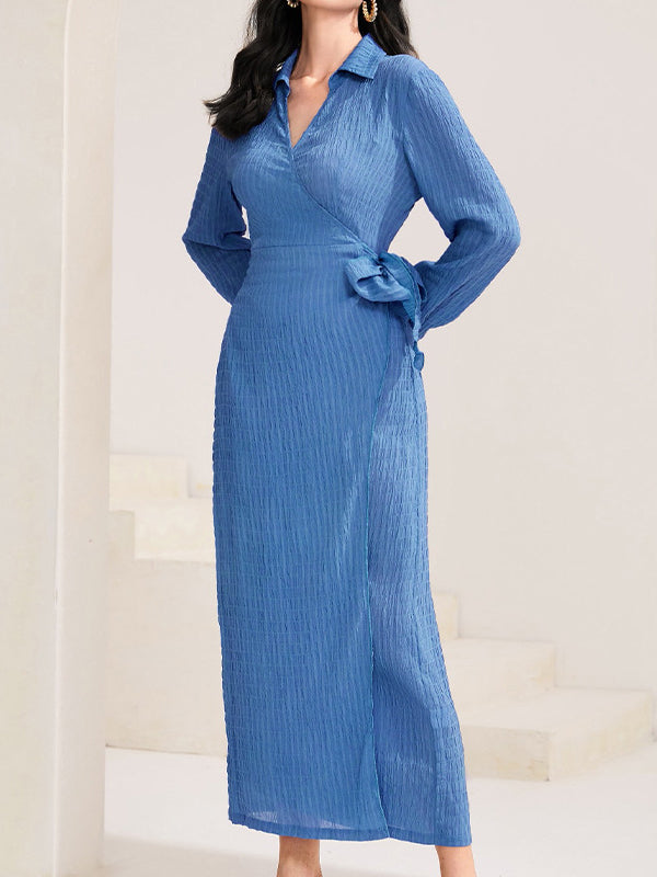 Asymmetric Solid Color Tied Long Sleeves Loose Lapel Maxi Dresses