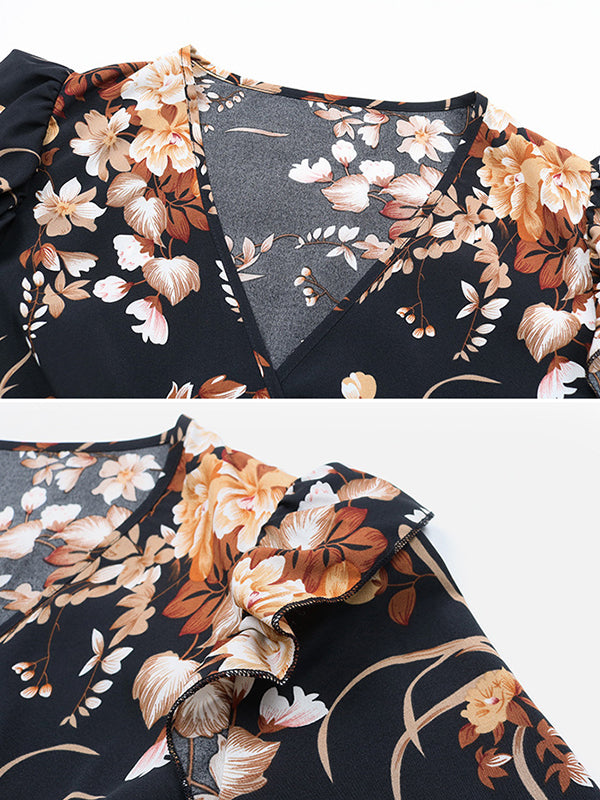Flower Print Pleated Split-Joint Tied Waist Loose Puff Sleeves V-Neck Shirt Dress Midi Dresses