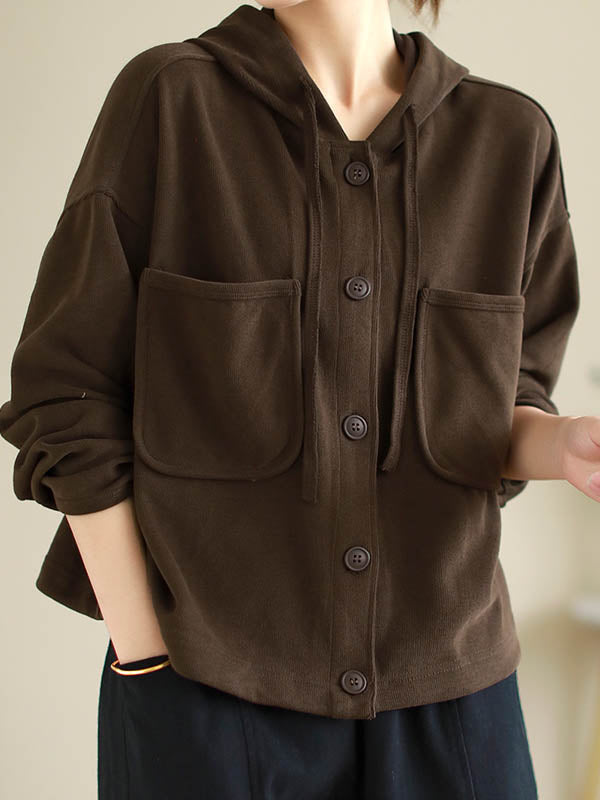 Buttoned Drawstring Pockets Solid Color Hooded Long Sleeves Outerwear