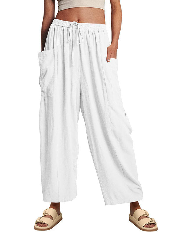 Drawstring Elasticity Pleated Pockets Solid Color High Waisted Loose Trousers Ninth Pants