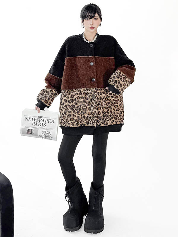 Buttoned Contrast Color Reversible Split-Joint Long Sleeves Loose Round-Neck Outerwear Cardigan Tops