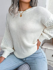 Cable Knit Solid Color Long Sleeves Loose Round-Neck Sweater Tops
