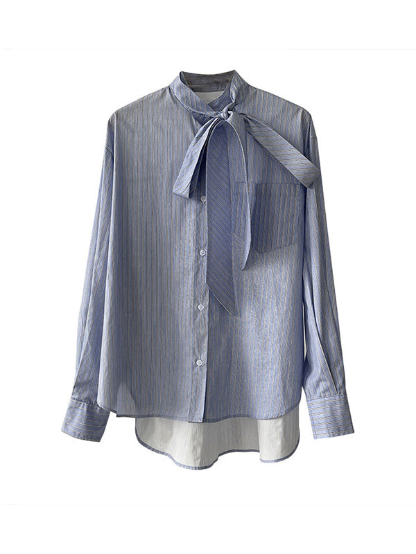Buttoned Pockets Striped Tied Long Sleeves Loose Mock Neck Blouses&Shirts Tops