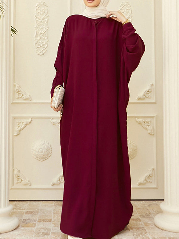 Buttoned Muslim Solid Color Split-Side Batwing Sleeves Loose Round-Neck Muslim Abaya Maxi Dresses