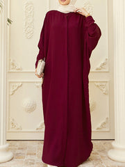 Buttoned Muslim Solid Color Split-Side Batwing Sleeves Loose Round-Neck Muslim Abaya Maxi Dresses