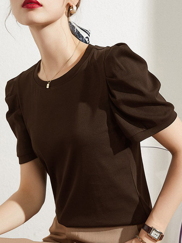 Original Simple Loose Solid Color Puff Sleeves T-Shirt Top