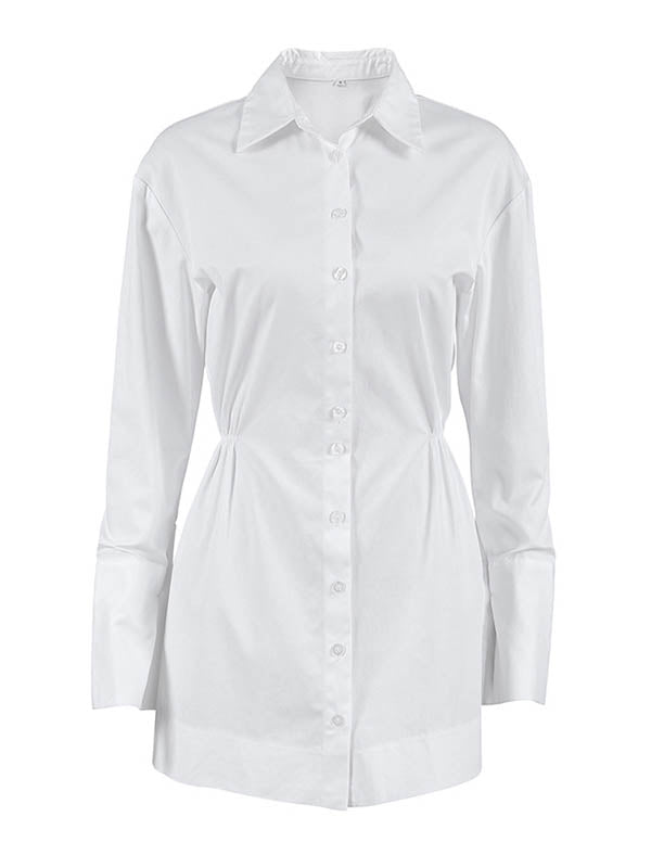 Buttoned Pleated Solid Color High Waisted Long Sleeves Lapel Shirt Dress Mini Dresses