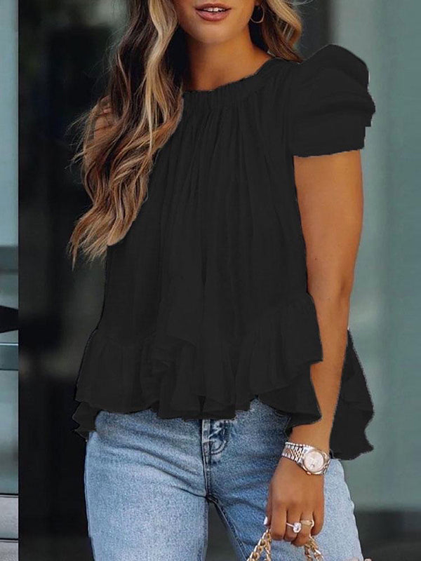 Loose Puff Sleeves Falbala Pleated Solid Color Round-Neck T-Shirts Tops