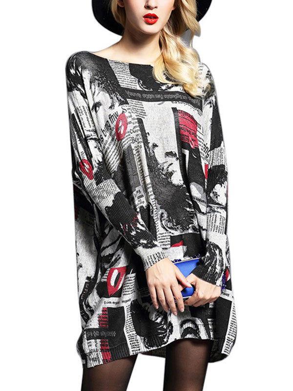 Letter Print Printed Long Sleeves Loose Round-Neck Sweater Tops Pullovers Knitwear