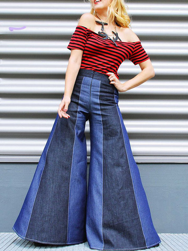 Contrast Color Zipper High Waisted Loose Jean Pants Bottoms Flared Trousers