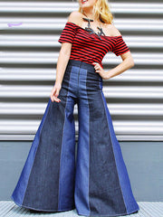 Contrast Color Zipper High Waisted Loose Jean Pants Bottoms Flared Trousers