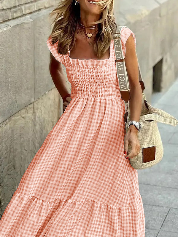 Elasticity Plaid Pleated Split-Joint Loose Sleeveless Square-Neck Maxi Dresses