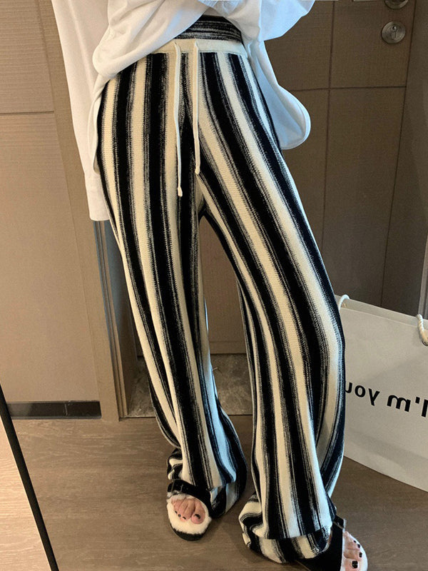 Casual Wide Leg Loose Drawstring Striped Pants