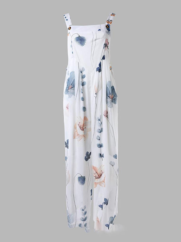 Buttoned Flower Print Pleated Pockets Split-Joint Loose Sleeveless Square-Neck Jumpsuits