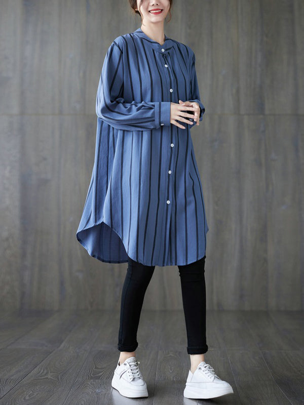 Buttoned Striped Long Sleeves Loose Blouses&Shirts Tops