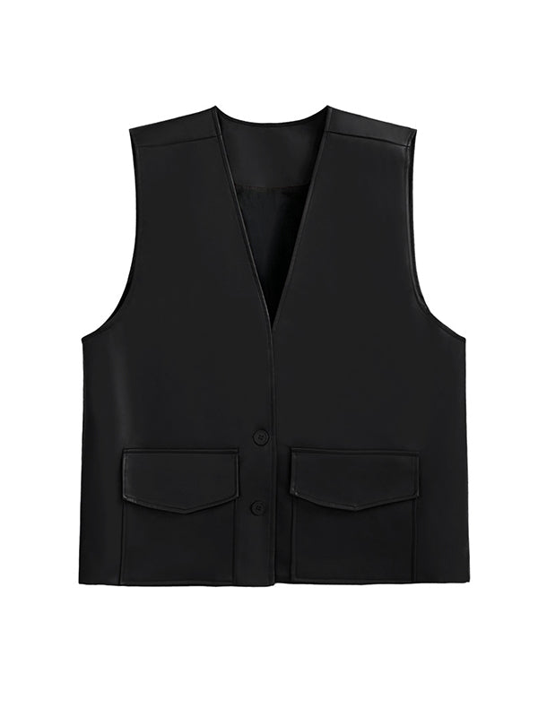 Buttoned Pockets Solid Color Loose Sleeveless V-neck Vest Outerwear
