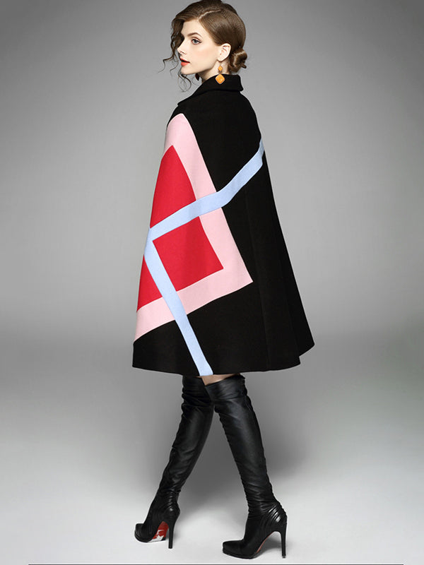 Original Loose Batwing Sleeves Contrast Color Striped Lapel Collar Cape Coats