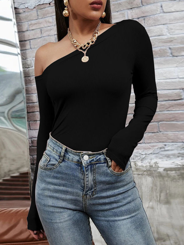 Solid Color Long Sleeves Skinny One-Shoulder T-Shirts Tops