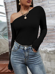 Solid Color Long Sleeves Skinny One-Shoulder T-Shirts Tops