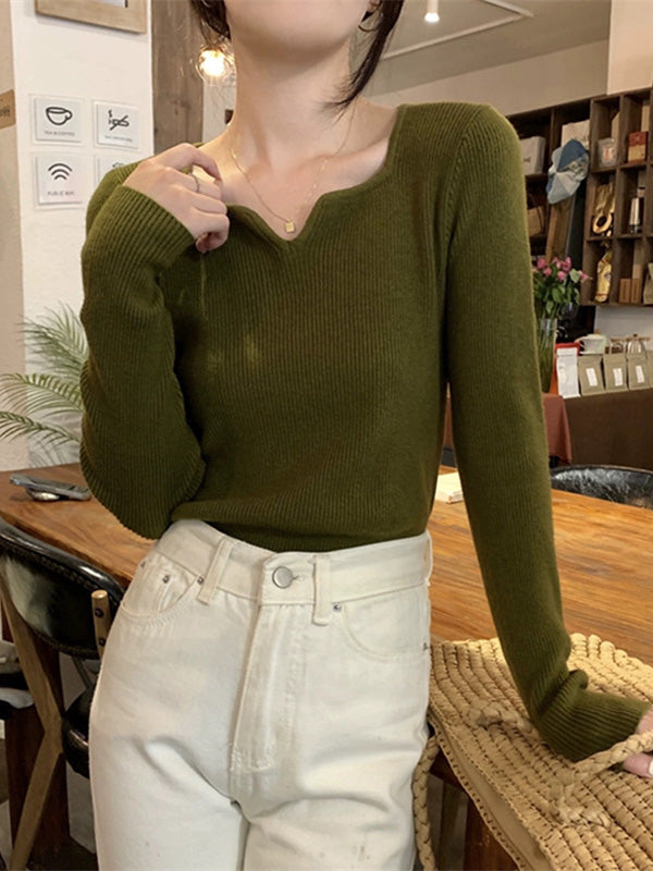 Colorful Solid Color Long Sleeves Skinny V-neck Sweater Tops Pullovers Knitwear