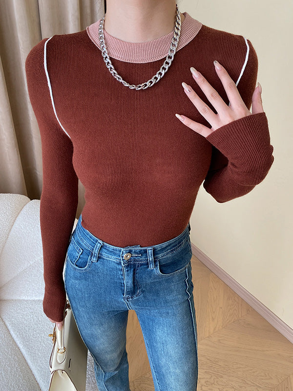 Contrast Color Split-Joint Long Sleeves Skinny Round-Neck Sweater Tops Pullovers